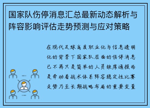 国家队伤停消息汇总最新动态解析与阵容影响评估走势预测与应对策略